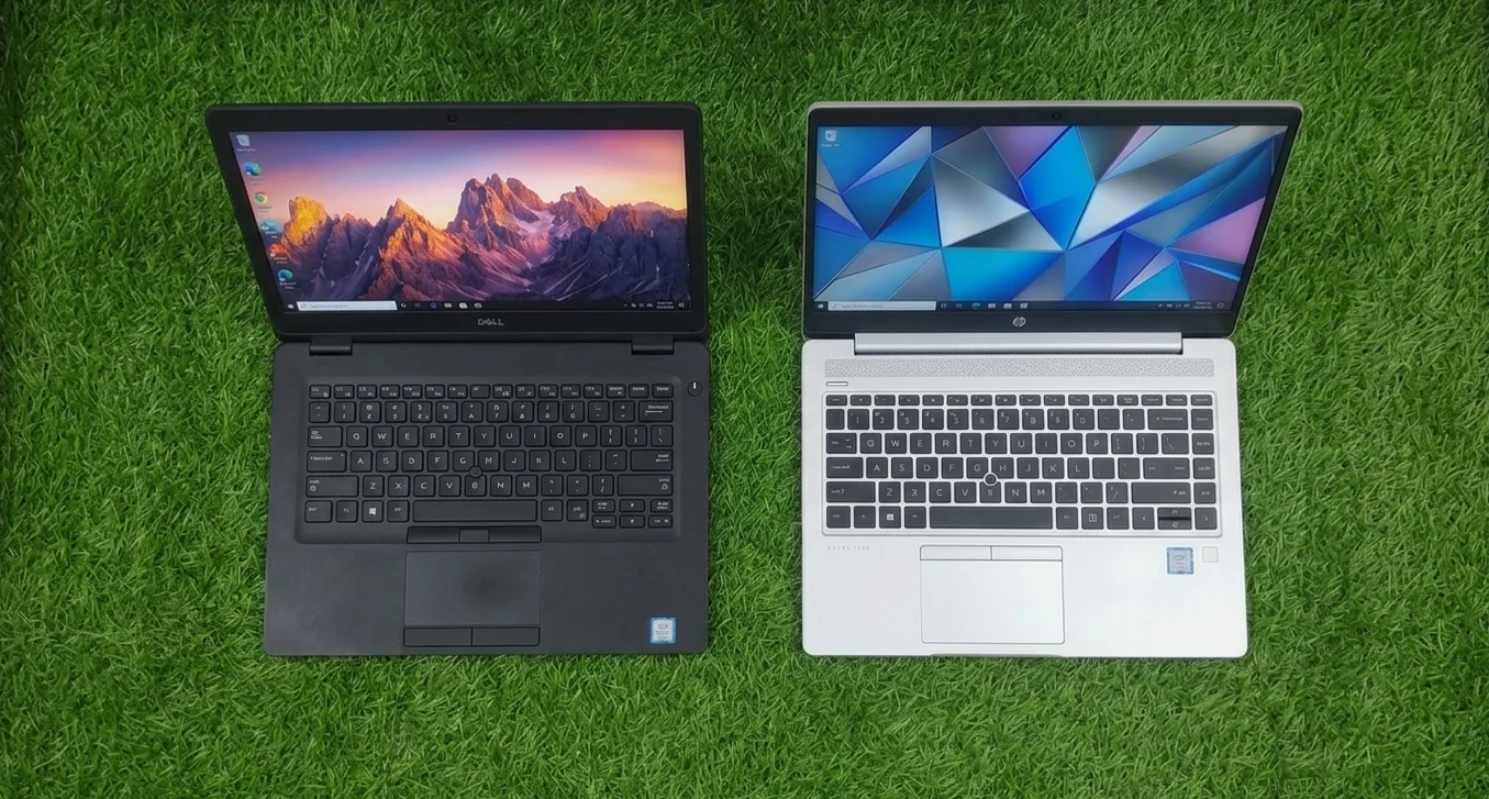 Dell Latitude and HP EliteBook refurbished laptops upper angle view