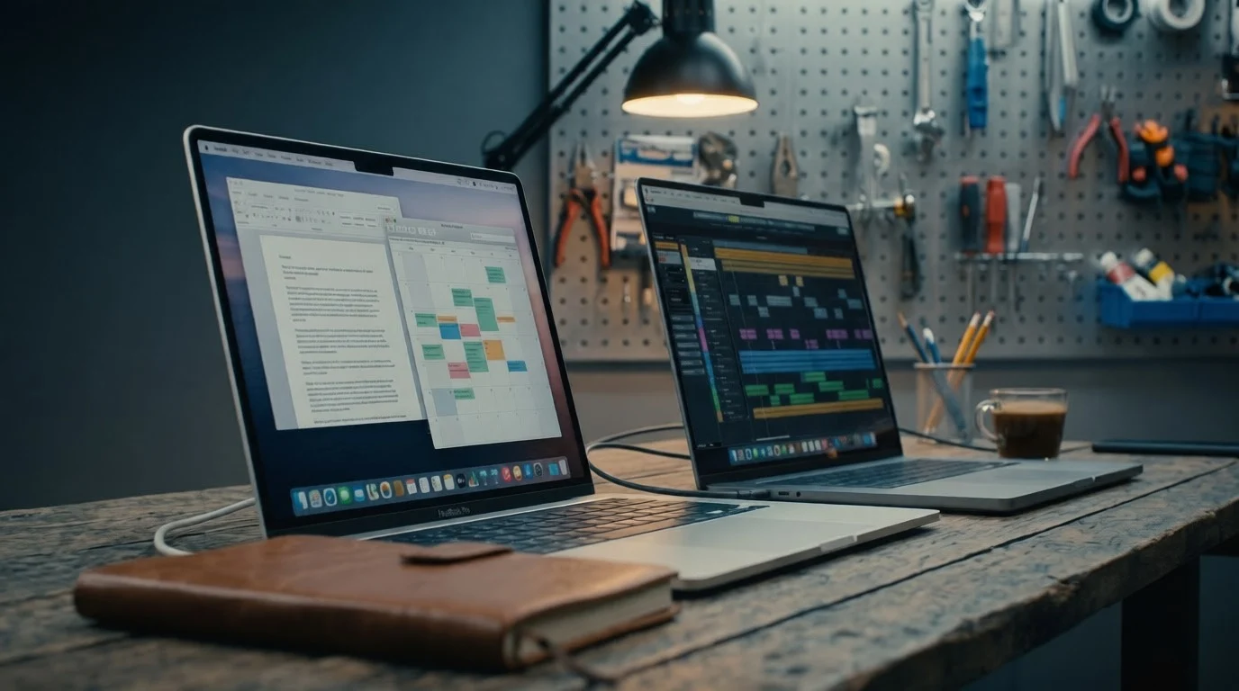 MacBook Air and MacBook Pro side by side on a workbench desk