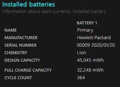 Windows battery report showing design capacity vs full charge capacity