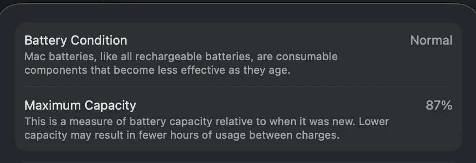 macOS System Report showing battery cycle count and condition