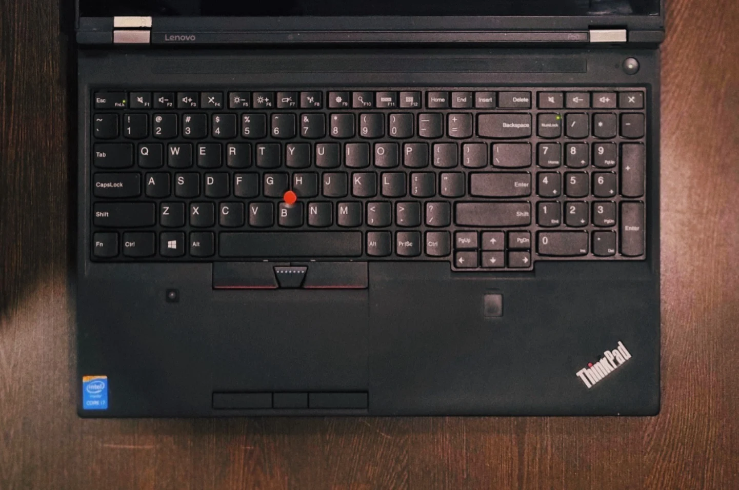 Lenovo ThinkPad P50 keyboard and touchpad close-up