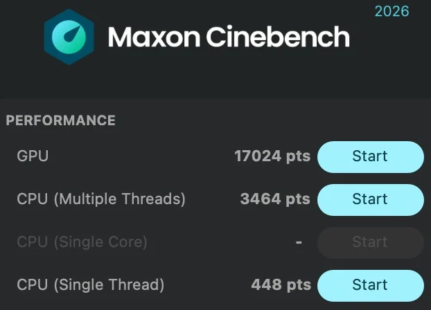 Apple MacBook Pro 16 inch A2485 Cinebench 2026 stress test