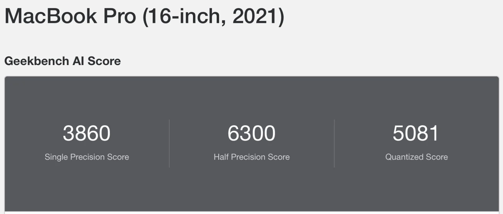 Apple MacBook Pro 16 inch A2485 Geekbench AI benchmark