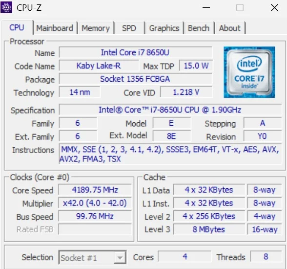Dell Latitude 7490 hardware details CPU-Z screenshot