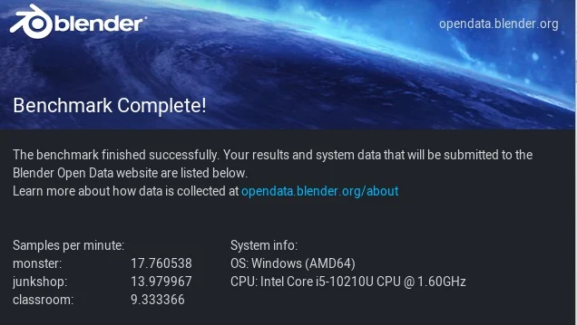 HP ProBook 440 G7 Blender Open Data benchmark results