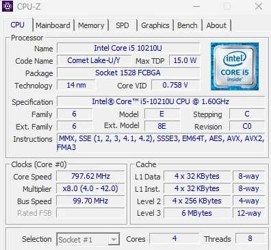 HP ProBook 440 G7 Intel Core i5-10210U CPU-Z details