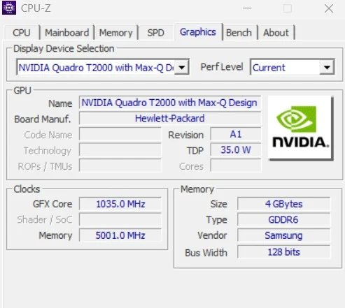 NVIDIA Quadro T2000 Max-Q professional GPU in HP ZBook Studio G7