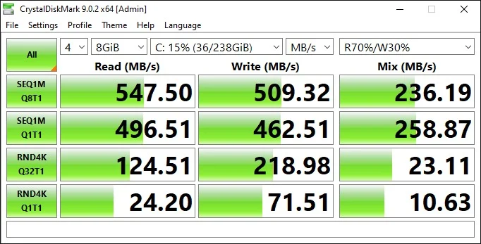 CrystalDiskMark SSD benchmark results on Dell Latitude 5280