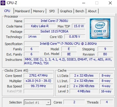 CPU-Z details of Intel Core i7-7600U Kaby Lake processor in Dell Latitude 5280