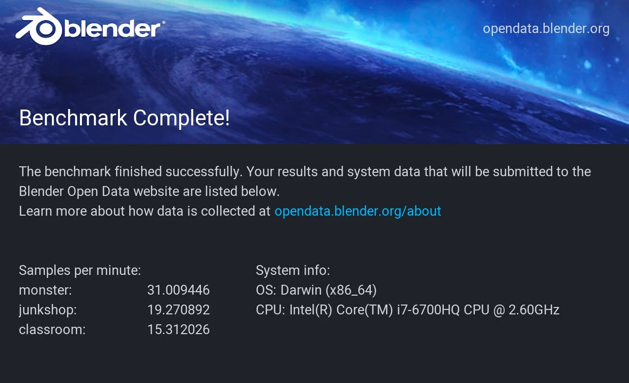 Blender Benchmark CPU rendering results for the Apple MacBook Pro A1707