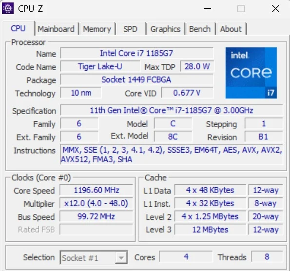 CPU-Z details of Intel Core i7-1185G7 Tiger Lake-U processor in Dell Latitude 7320
