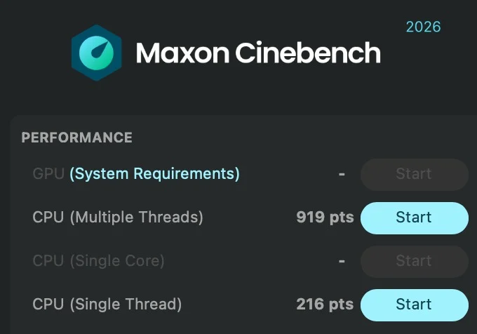 Maxon Cinebench 2026 benchmark results for the Apple MacBook Pro A1707
