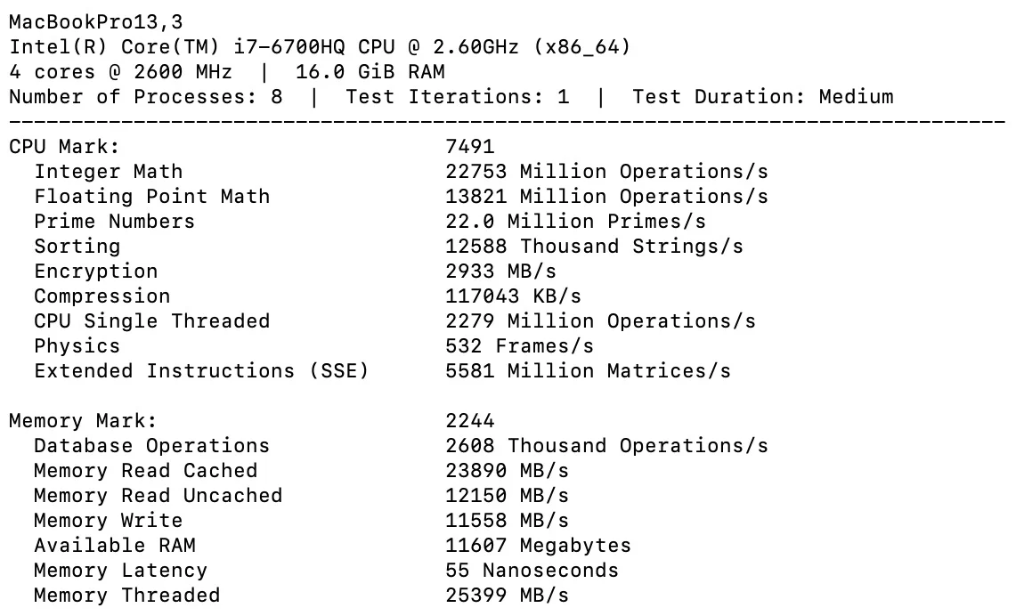 PassMark Performance Test CPU and Memory results for the Apple MacBook Pro A1707