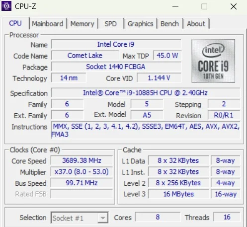 Geekbench CPU benchmark result of HP ZBook Studio G7 with Intel Core i9-10885H
