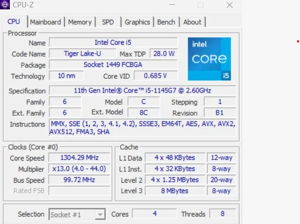 CPU-Z details of Intel Core i5-10310U Comet Lake-U processor in Lenovo ThinkPad T15