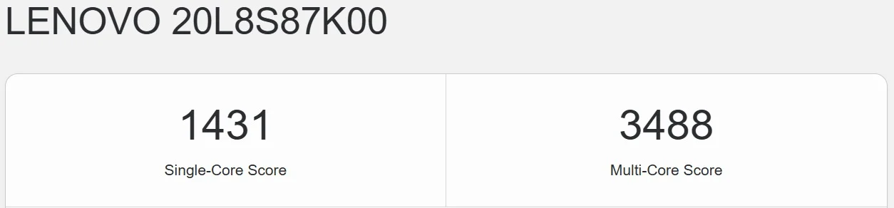 Geekbench single-core and multi-core score of Lenovo ThinkPad T480s with Core i7-8650U