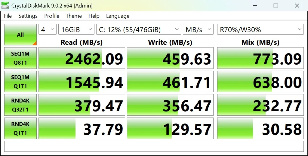CrystalDiskMark NVMe SSD benchmark results on Dell Latitude 7320