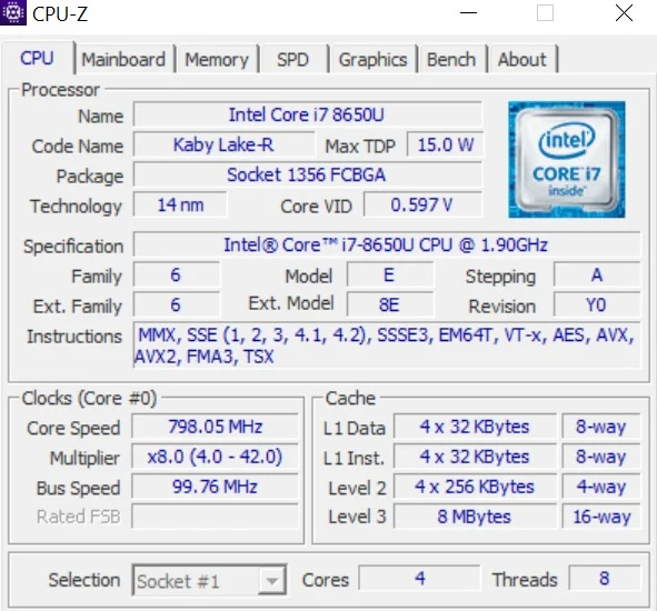 CPU-Z details of Intel Core i7-8650U Kaby Lake-R processor in Lenovo ThinkPad T480s
