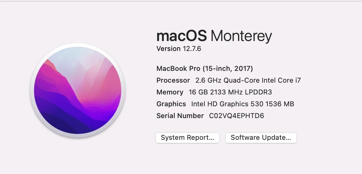 Apple MacBook Pro A1707 system overview macOS Monterey