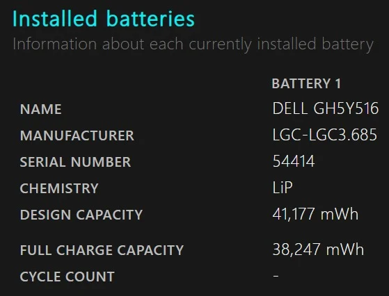 Dell Latitude 7320 battery report showing design capacity and full charge capacity