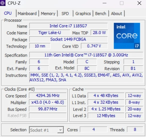 Intel Core i7-1185G7 processor details for the HP EliteBook 830 G8