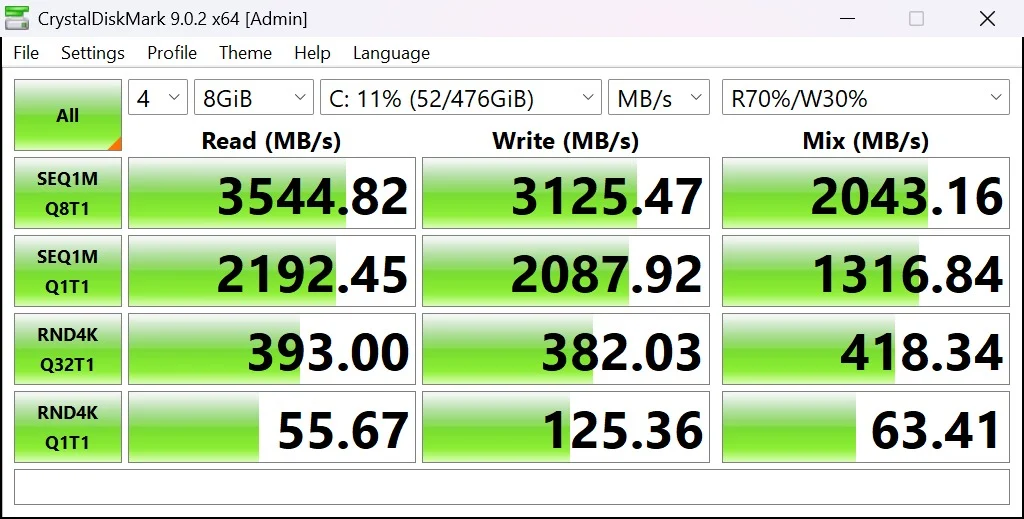 CrystalDiskMark benchmark results for the HP EliteBook 830 G8 NVMe SSD