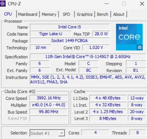 Lenovo ThinkPad X13 CPU-Z details