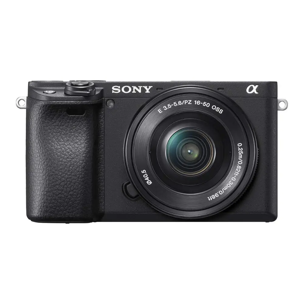 Sony Alpha a6400 mirrorless camera body in black, 24.2 MP APS‑C sensor, E‑mount, shown from front.