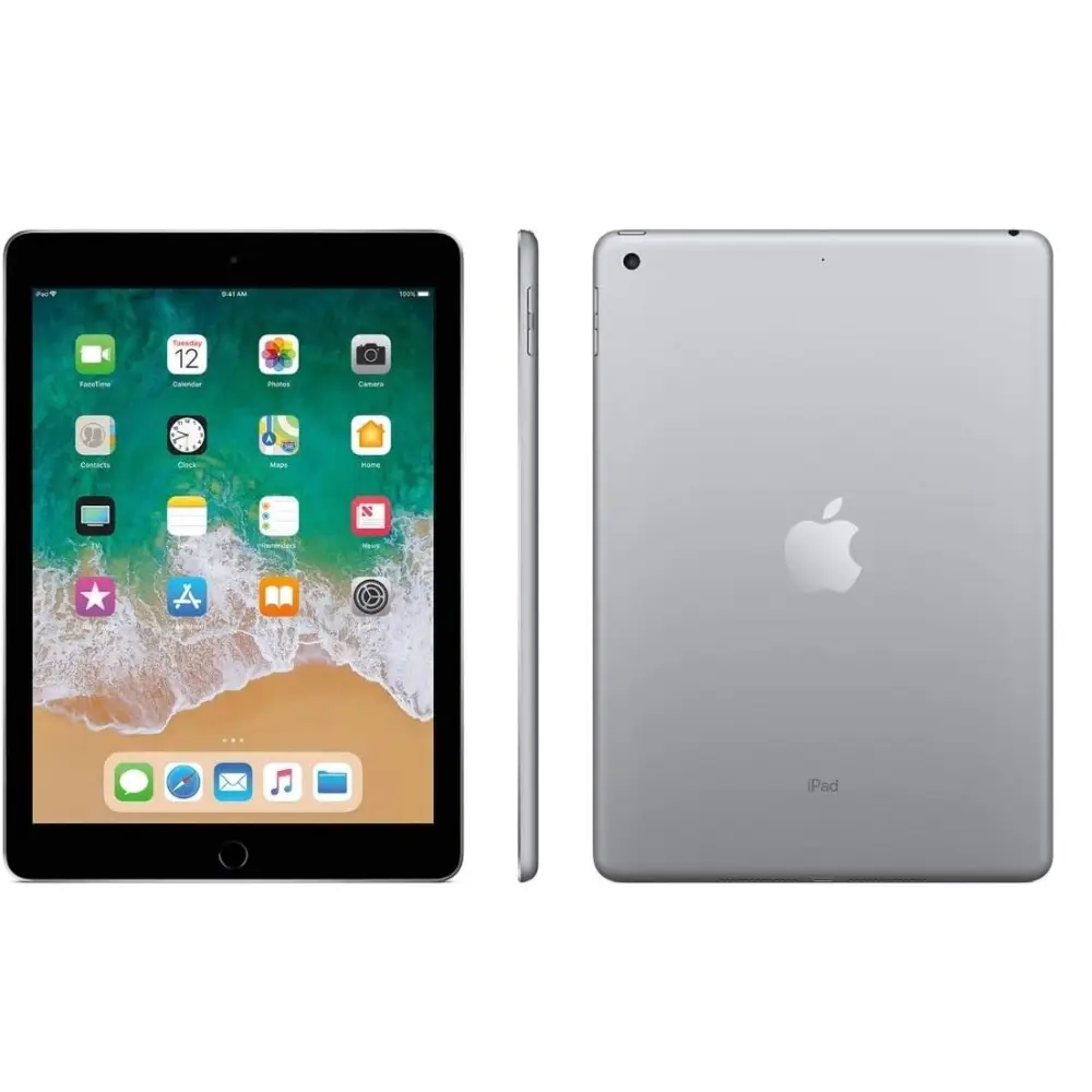 Apple iPad 6th Gen, 2018 with 9.7″ Retina display, Apple A10 Fusion chip, Wi‑Fi only, silver/aluminium body.