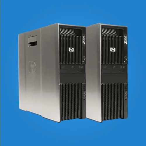 HP Z600 Workstation with dual Intel Xeon processors, up to 48 GB DDR3 RAM, black tool-free tower chassis.
