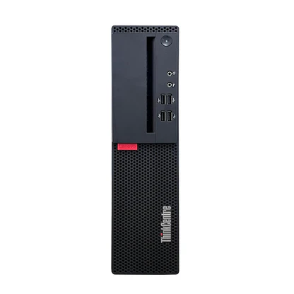Lenovo ThinkCentre M725s SFF desktop with AMD Ryzen 5 processor, black compact chassis with front USB ports.